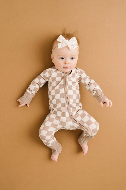 Bamboo Zip Pajamas | Beige Checkered