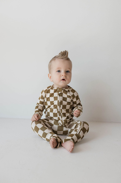 Bamboo Zip Pajamas  | Olive Checkered