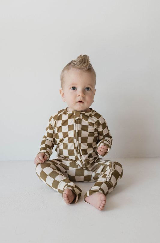 Bamboo Zip Pajamas  | Olive Checkered